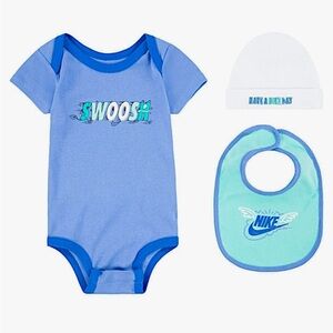 Nike Blue Baby Bodysuit Set includes Hat and Bib